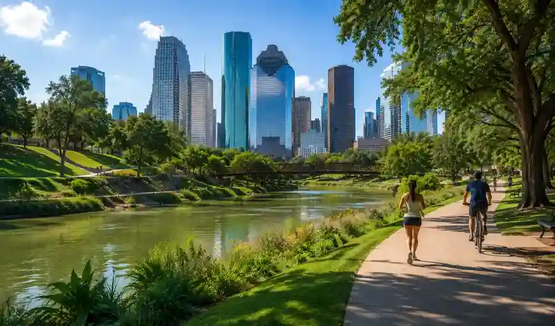 Visitors enjoying Houston's parks, bayous, hiking trails, cycling paths, and outdoor recreation with the downtown skyline.